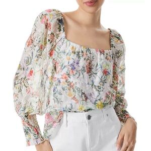 Alive + Olivia Rowa Eyelet Square Floral Sheer Women's Top Blouse Size L Large